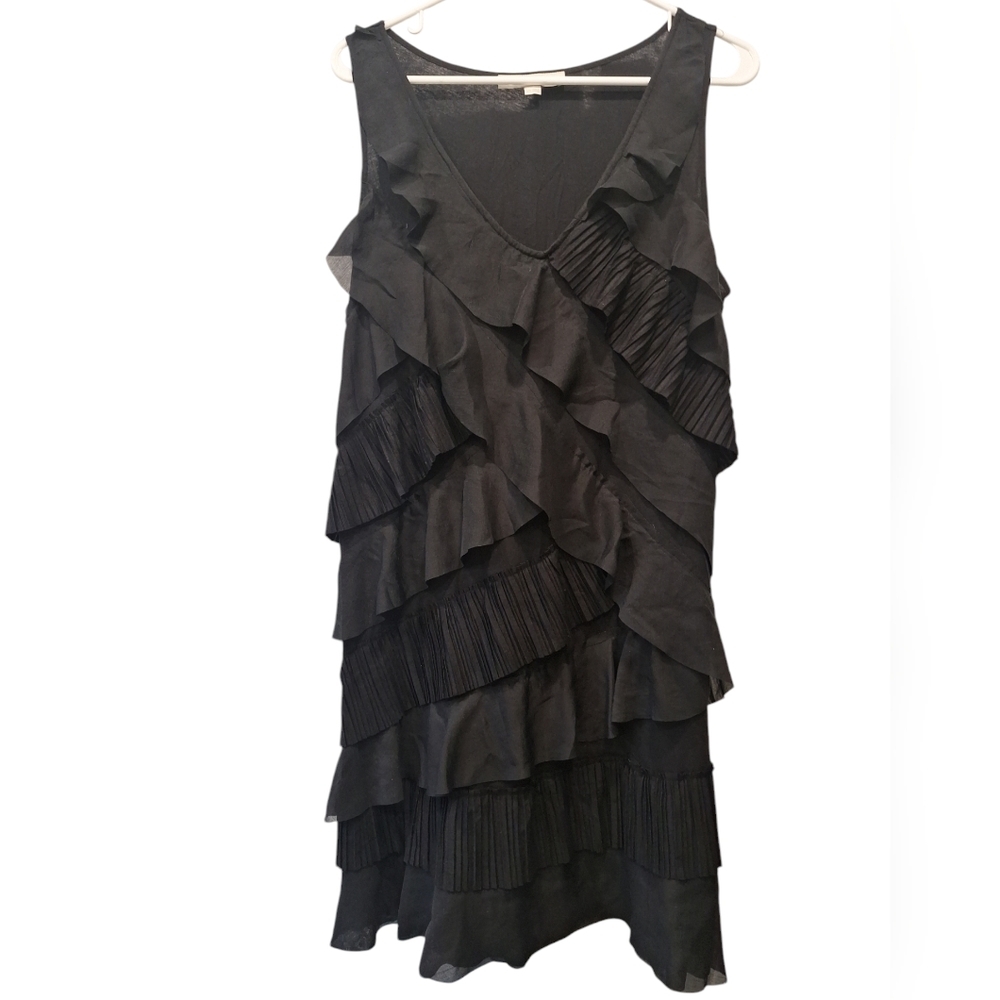 Loft Black Ruffled Layered Tiered Sleeveless V- neck Midi Dress L